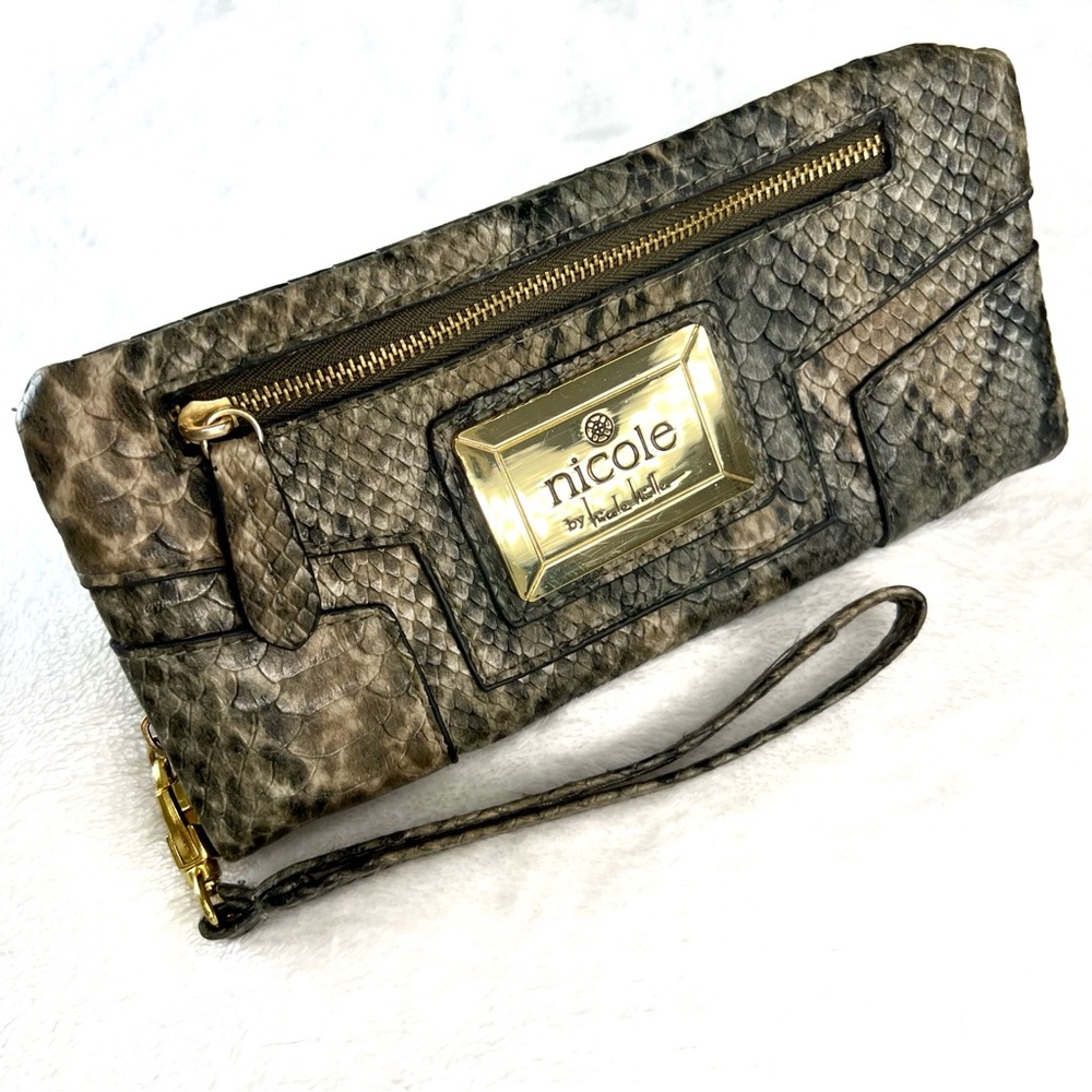 Nicole Miller Wristlet Faux Snakeskin Clutch Zippered Wallet Gold Black Brown